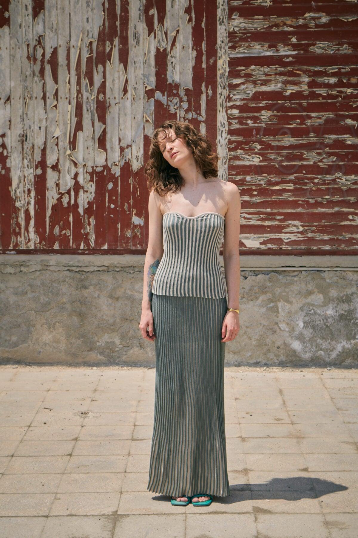 Raspon - Ivory and Green Strapless Top